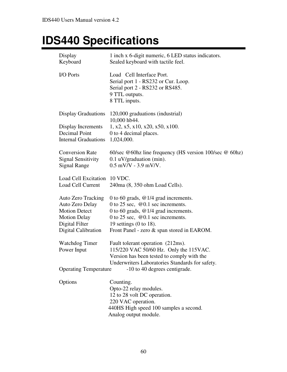 Ids440 specifications | Industrial Data Systems IDS 440 User Manual | Page 64 / 65