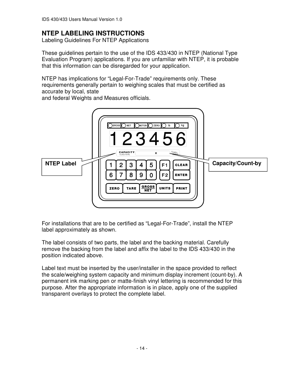 Ntep labeling instructions | Industrial Data Systems IDS 430 User Manual | Page 14 / 67