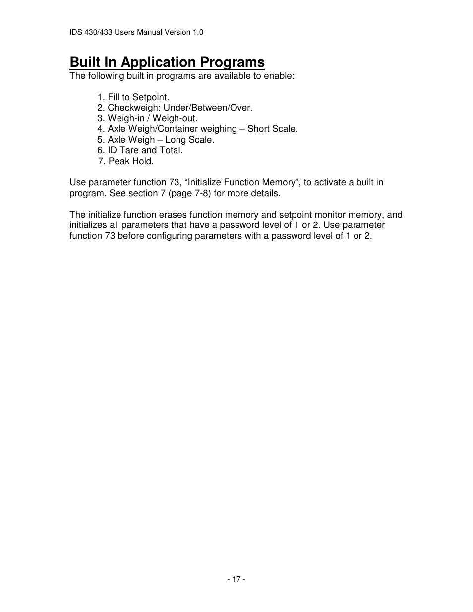 Built in application programs | Industrial Data Systems IDS 430 User Manual | Page 17 / 67