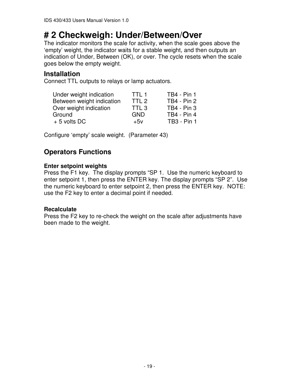 2 checkweigh: under/between/over | Industrial Data Systems IDS 430 User Manual | Page 19 / 67