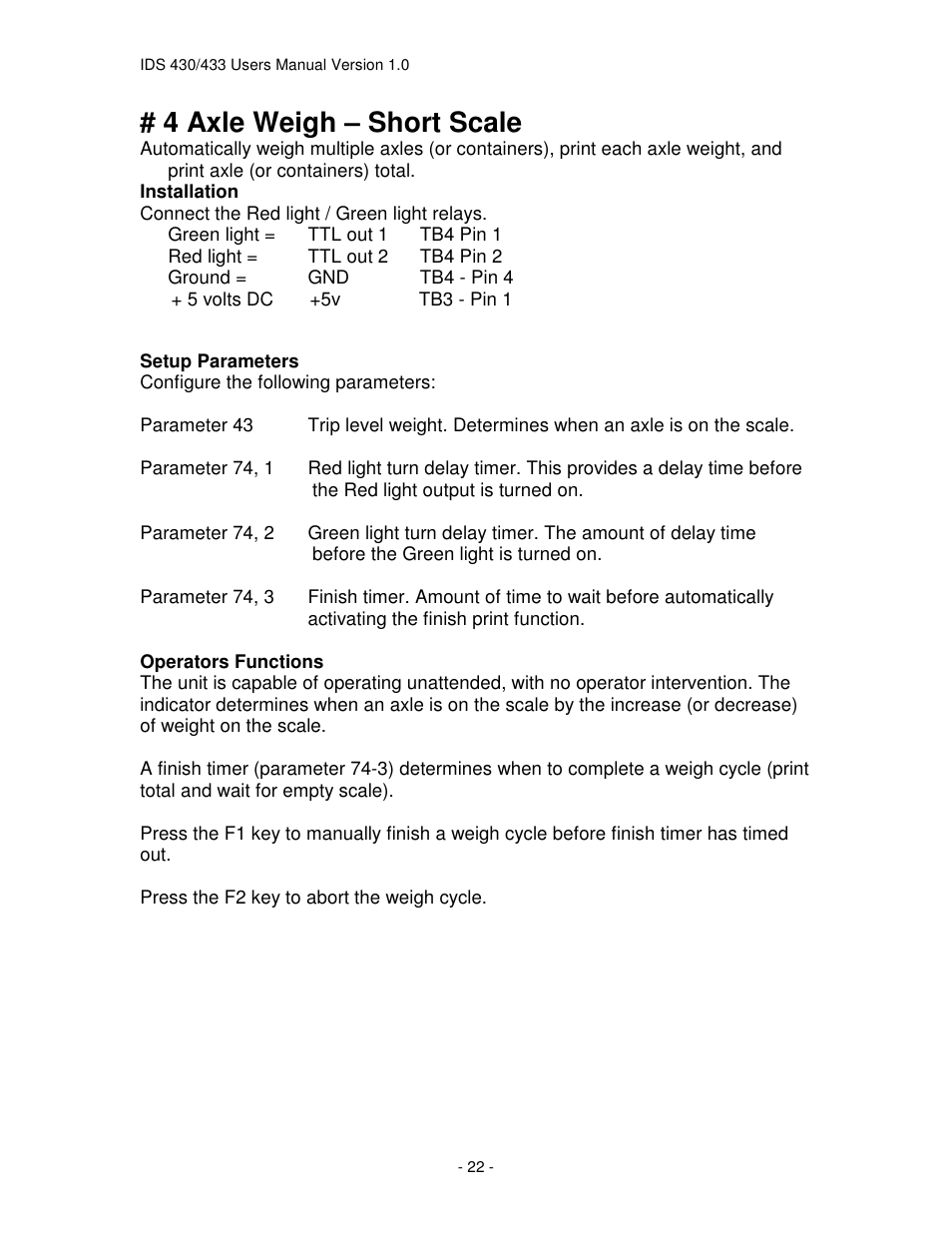 4 axle weigh – short scale | Industrial Data Systems IDS 430 User Manual | Page 22 / 67