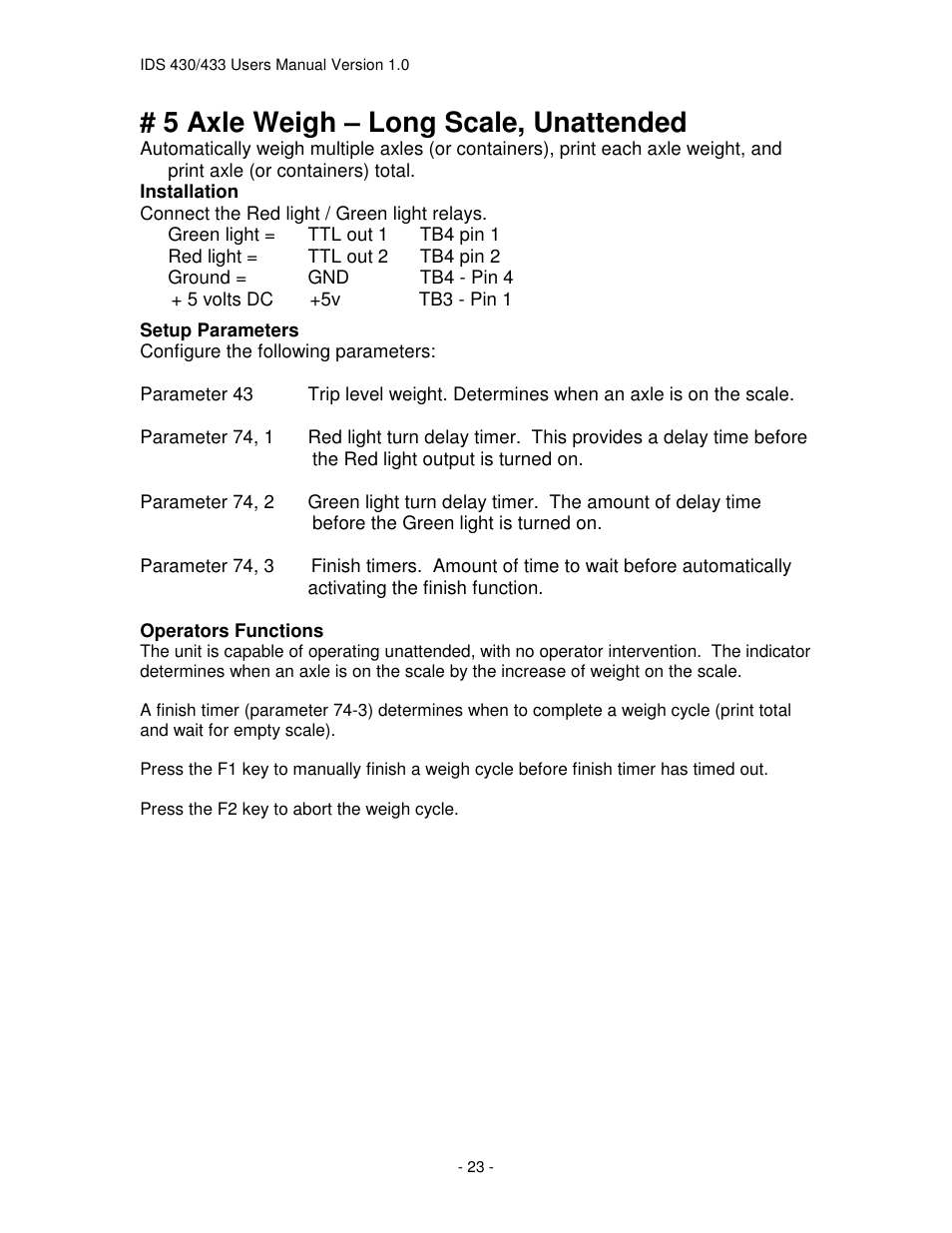 5 axle weigh – long scale, unattended | Industrial Data Systems IDS 430 User Manual | Page 23 / 67