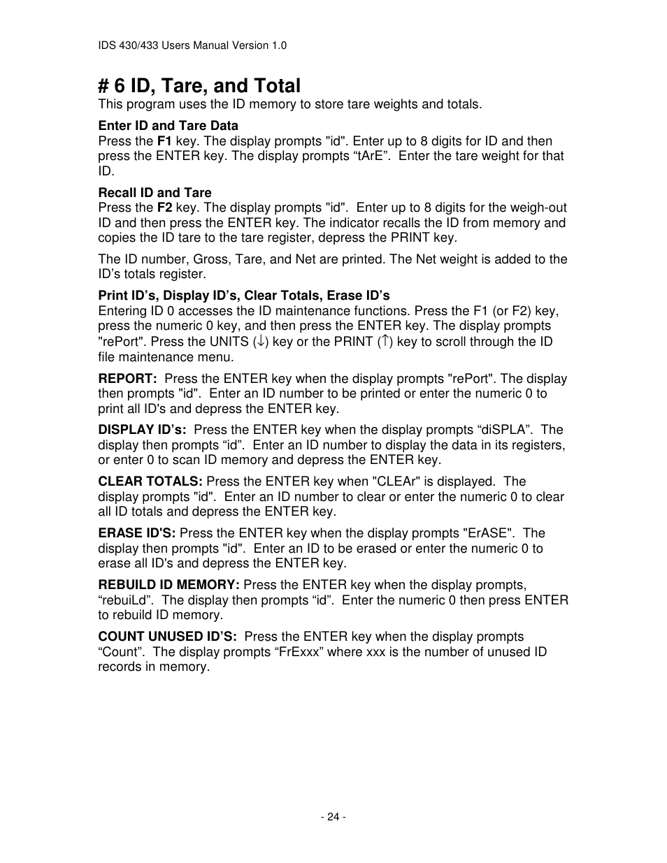 6 id, tare, and total | Industrial Data Systems IDS 430 User Manual | Page 24 / 67