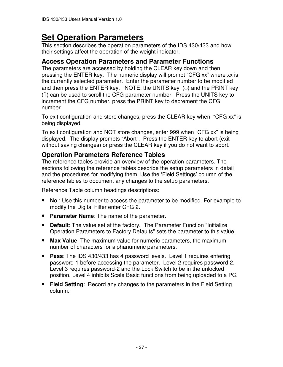Set operation parameters | Industrial Data Systems IDS 430 User Manual | Page 27 / 67