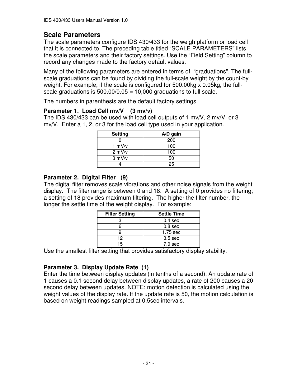 Scale parameters | Industrial Data Systems IDS 430 User Manual | Page 31 / 67