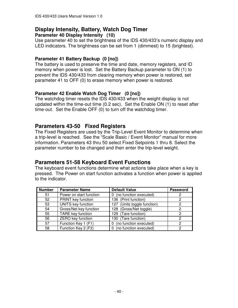 Display intensity, battery, watch dog timer, Parameters 43-50 fixed registers, Parameters 51-58 keyboard event functions | Industrial Data Systems IDS 430 User Manual | Page 40 / 67