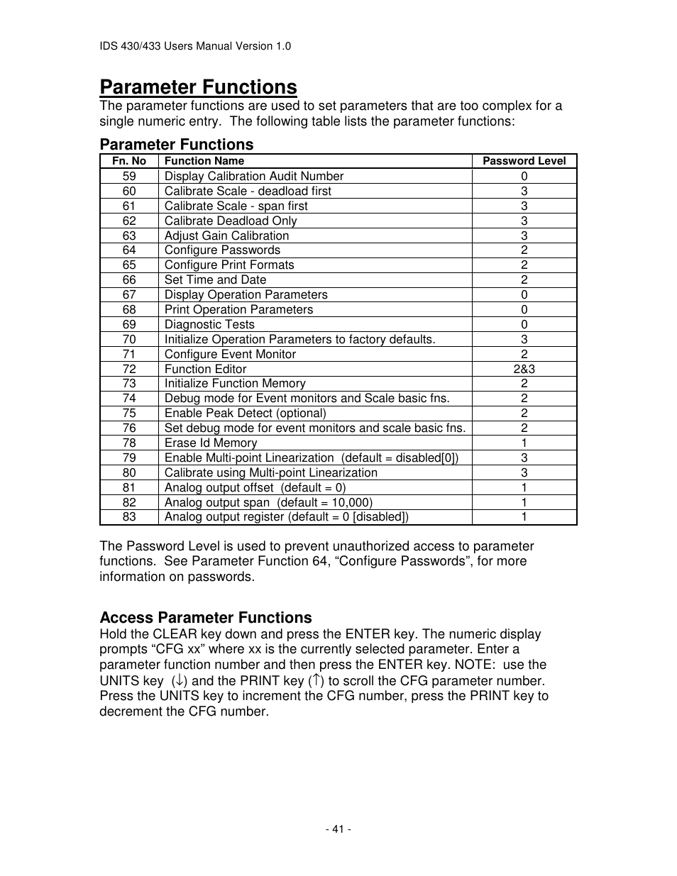 Parameter functions, Access parameter functions | Industrial Data Systems IDS 430 User Manual | Page 41 / 67