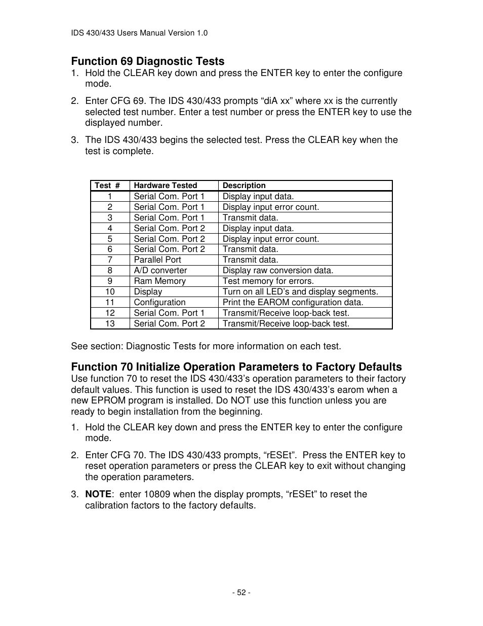 Function 69 diagnostic tests | Industrial Data Systems IDS 430 User Manual | Page 52 / 67