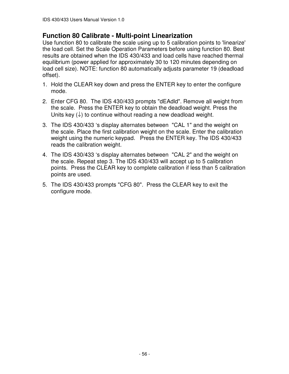 Function 80 calibrate - multi-point linearization | Industrial Data Systems IDS 430 User Manual | Page 56 / 67