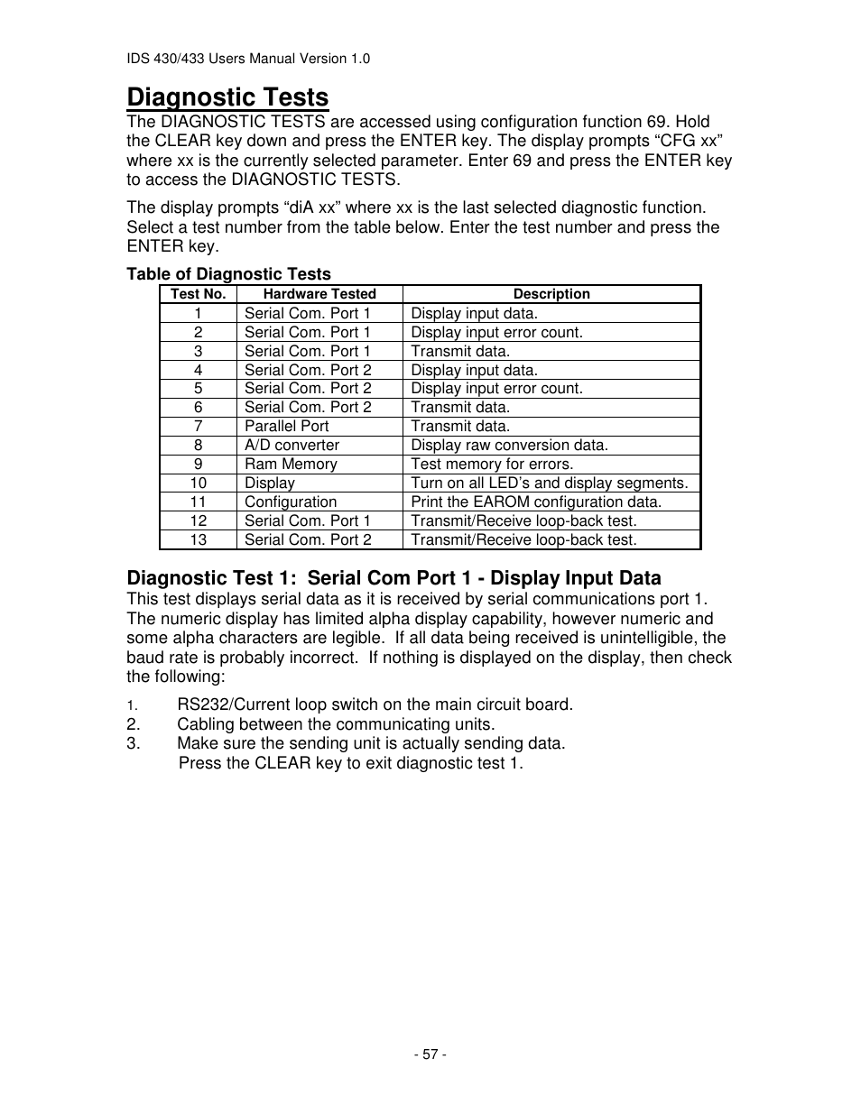 Diagnostic tests | Industrial Data Systems IDS 430 User Manual | Page 57 / 67