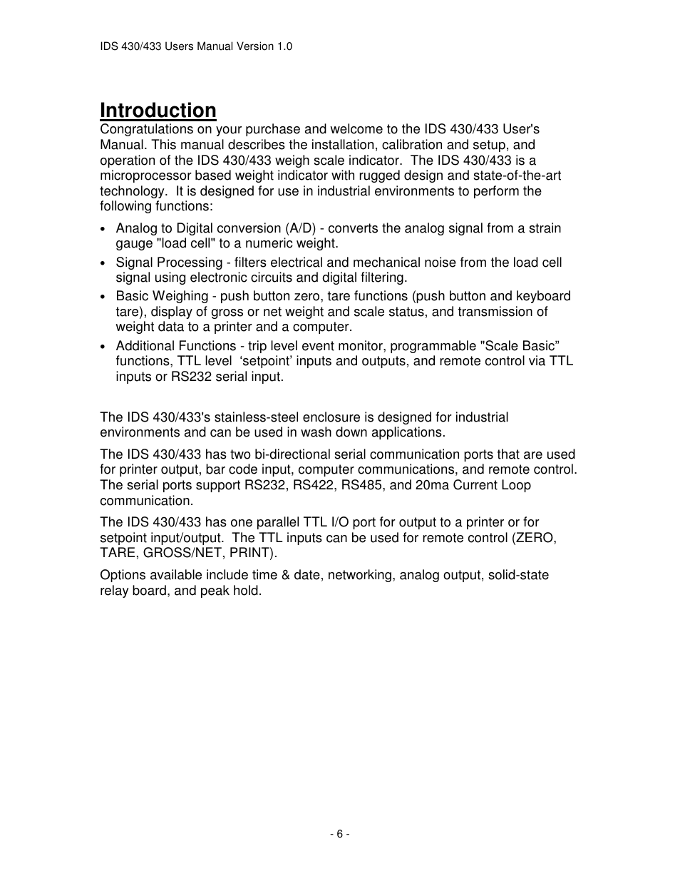 Introduction | Industrial Data Systems IDS 430 User Manual | Page 6 / 67