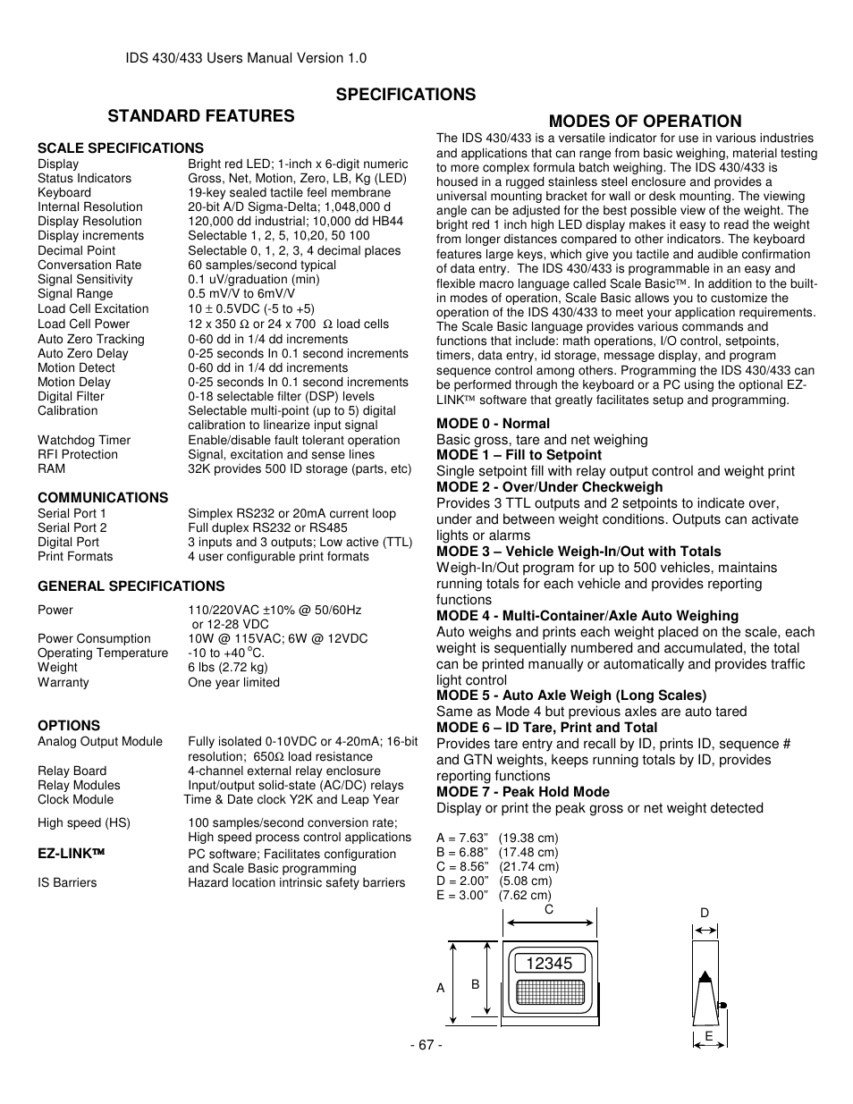Specifications, Standard features, Modes of operation | Industrial Data Systems IDS 430 User Manual | Page 67 / 67