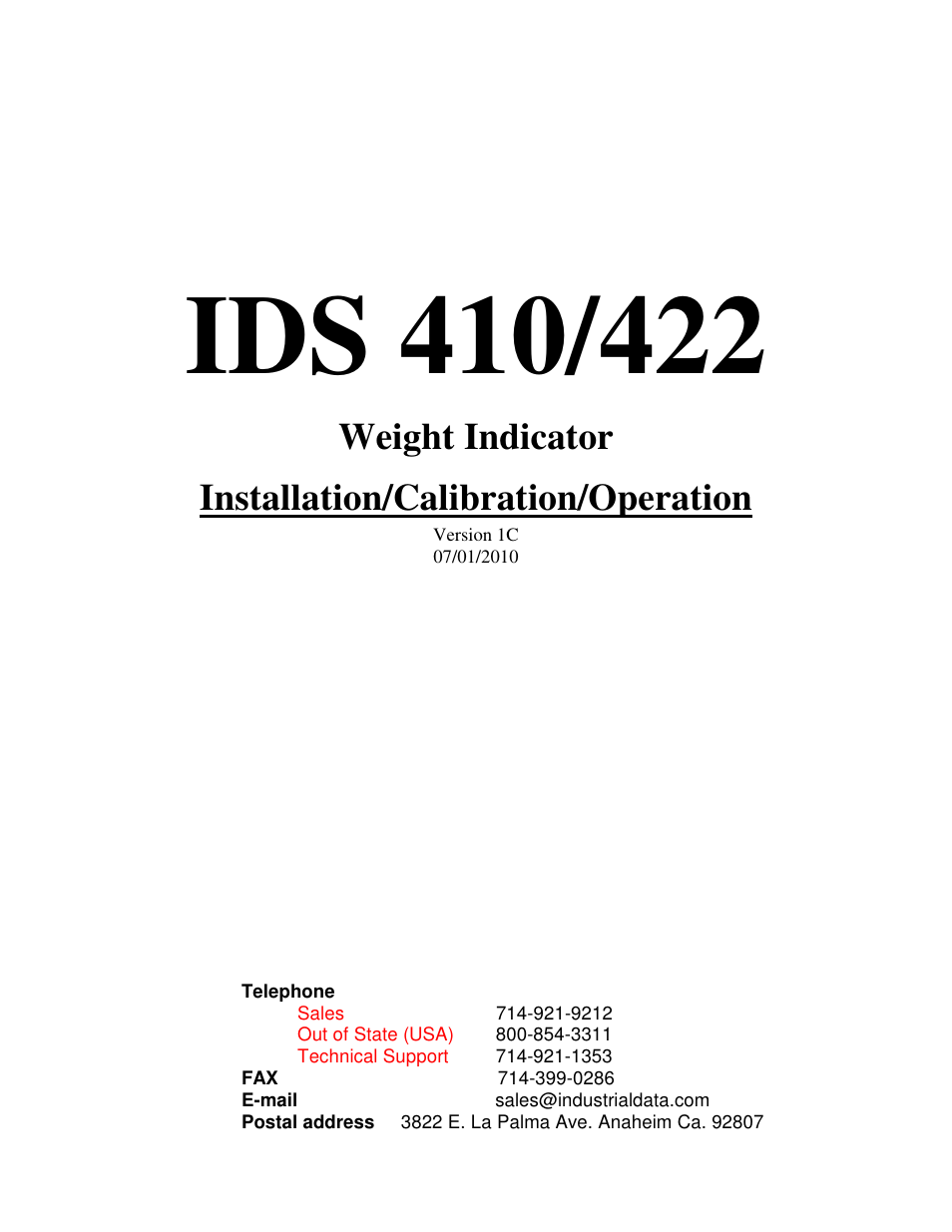 Industrial Data Systems IDS 410 User Manual | 63 pages