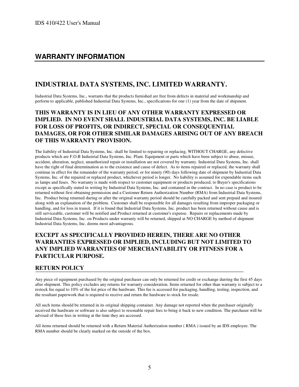 Industrial Data Systems IDS 410 User Manual | Page 6 / 63