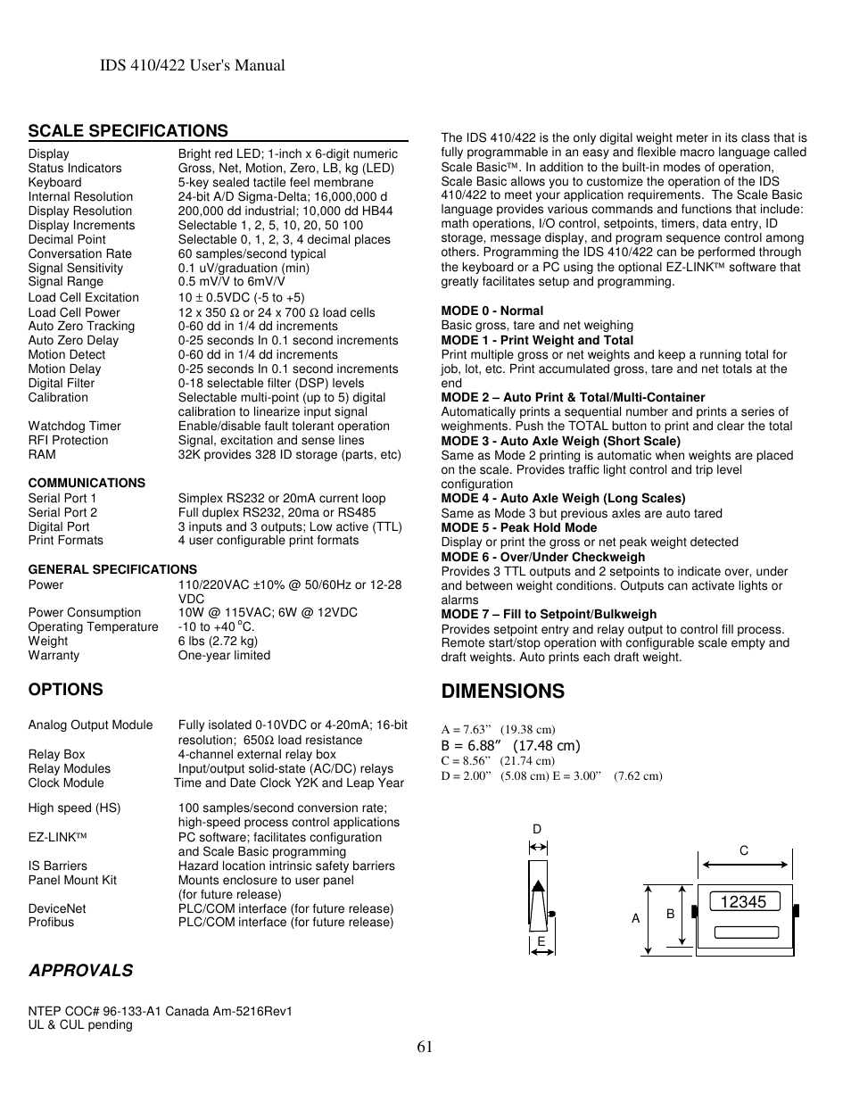 Dimensions | Industrial Data Systems IDS 410 User Manual | Page 62 / 63