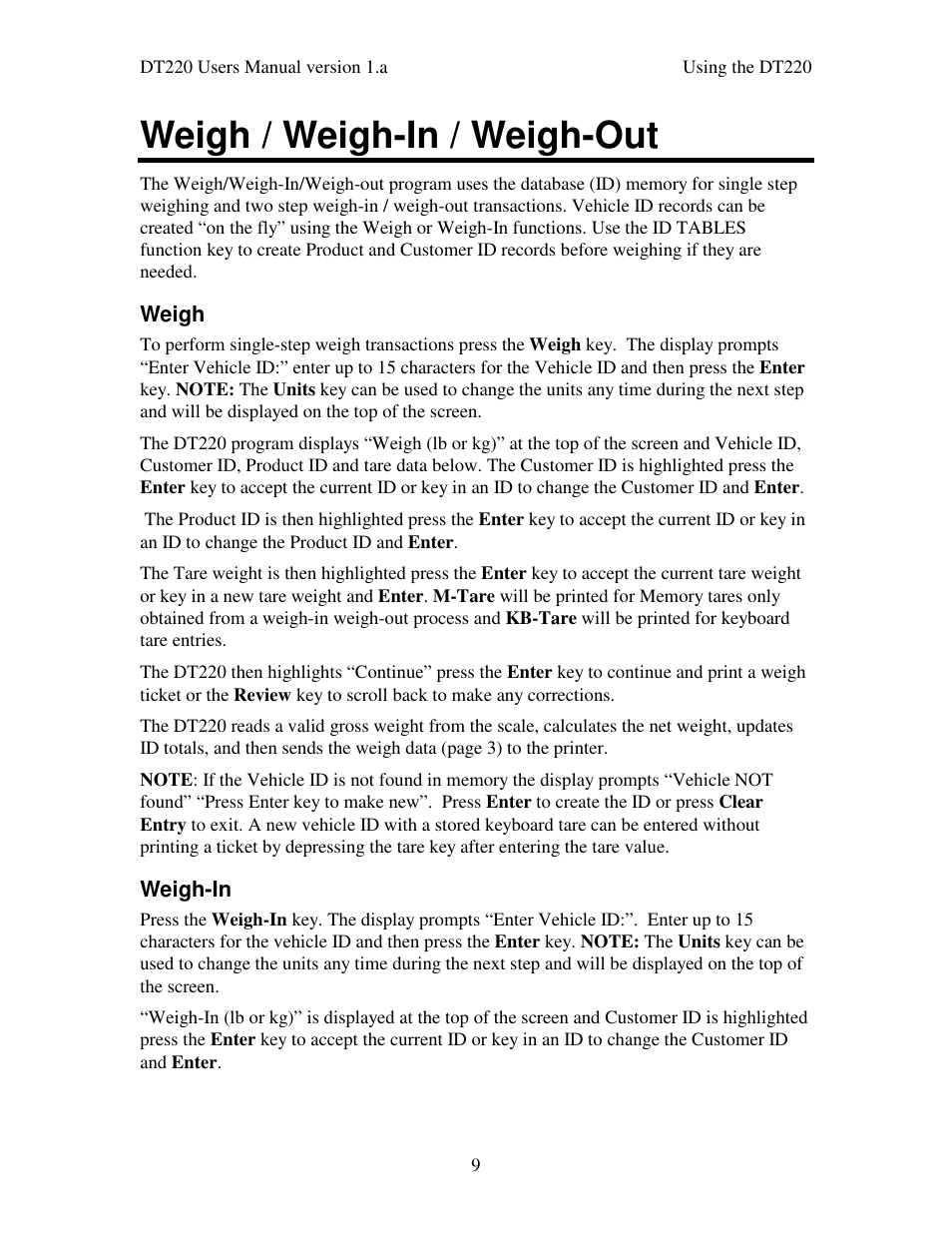 Weigh / weigh-in / weigh-out | Industrial Data Systems IDS DT220 User Manual | Page 13 / 49