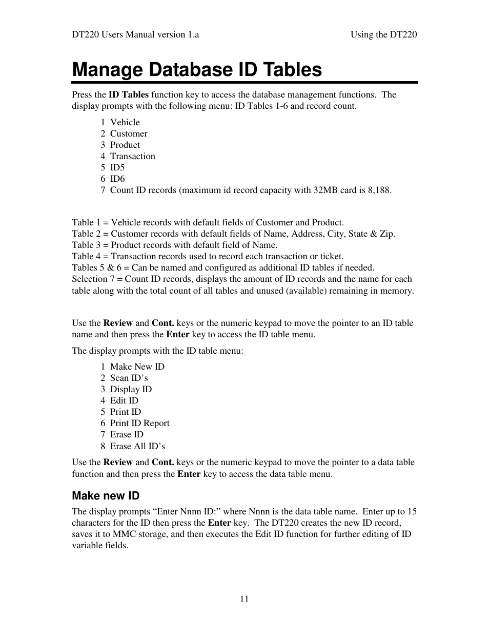 Manage database id tables | Industrial Data Systems IDS DT220 User Manual | Page 15 / 49