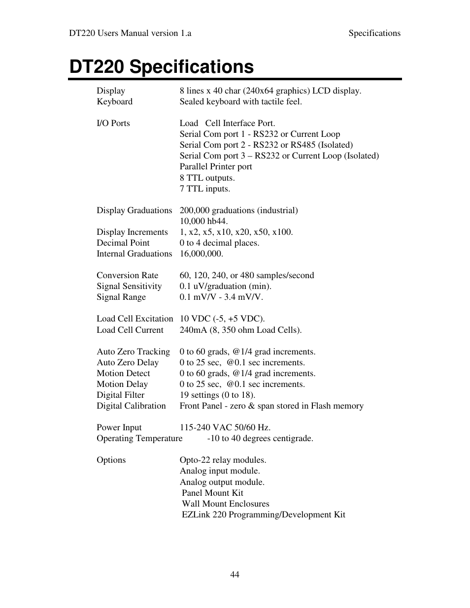 Dt220 specifications | Industrial Data Systems IDS DT220 User Manual | Page 48 / 49