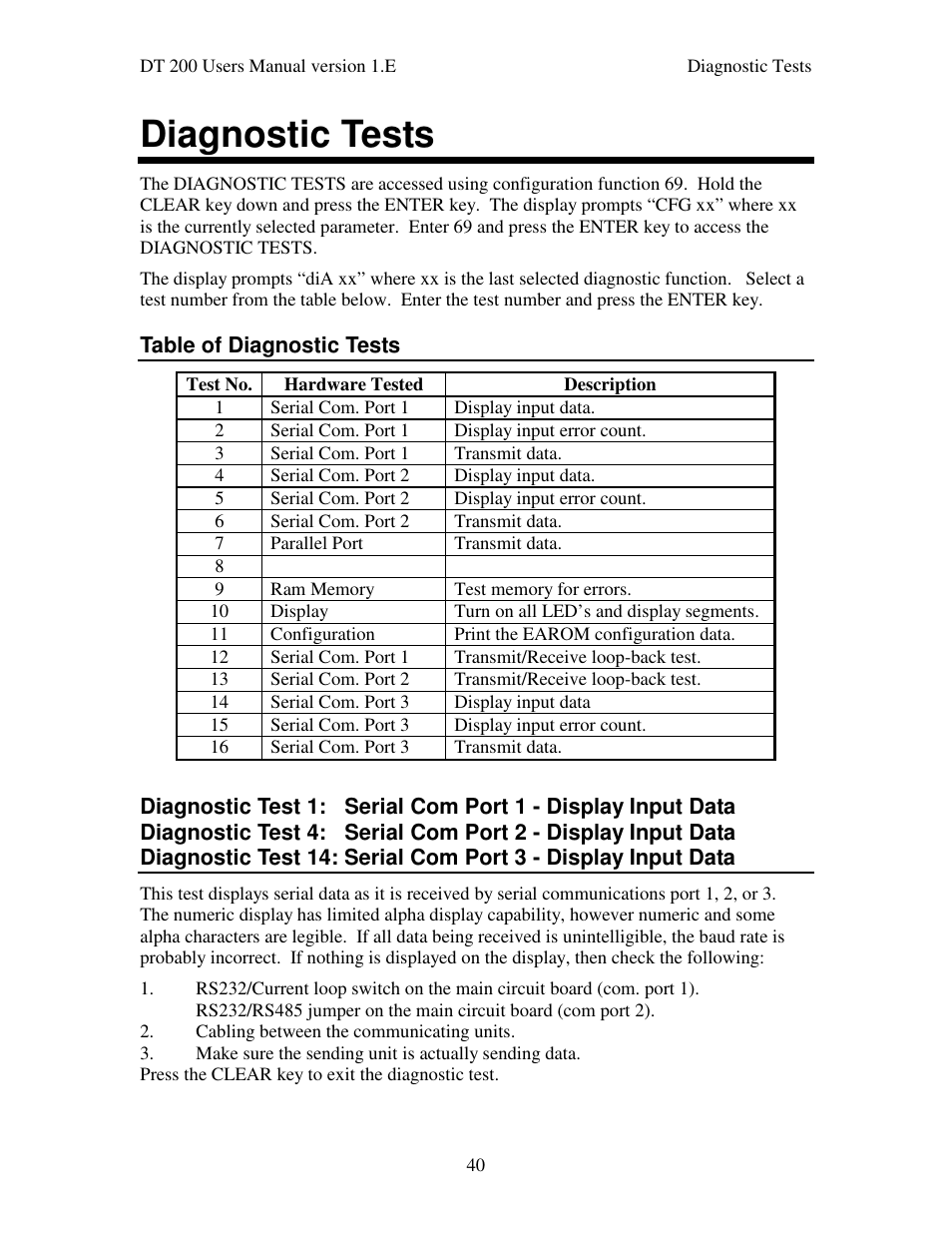 Diagnostic tests | Industrial Data Systems IDS DT200 User Manual | Page 44 / 58