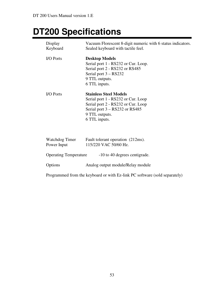 Dt200 specifications | Industrial Data Systems IDS DT200 User Manual | Page 57 / 58