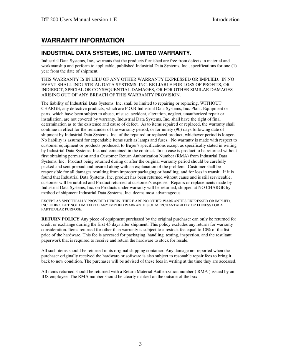 Warranty information | Industrial Data Systems IDS DT200 User Manual | Page 7 / 58