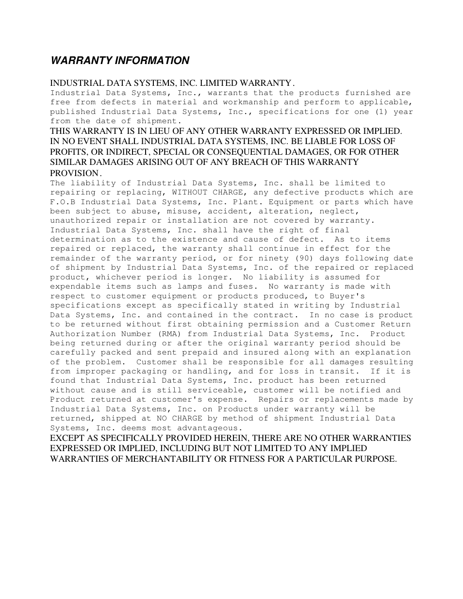 Warranty information | Industrial Data Systems IDS 152 User Manual | Page 2 / 39