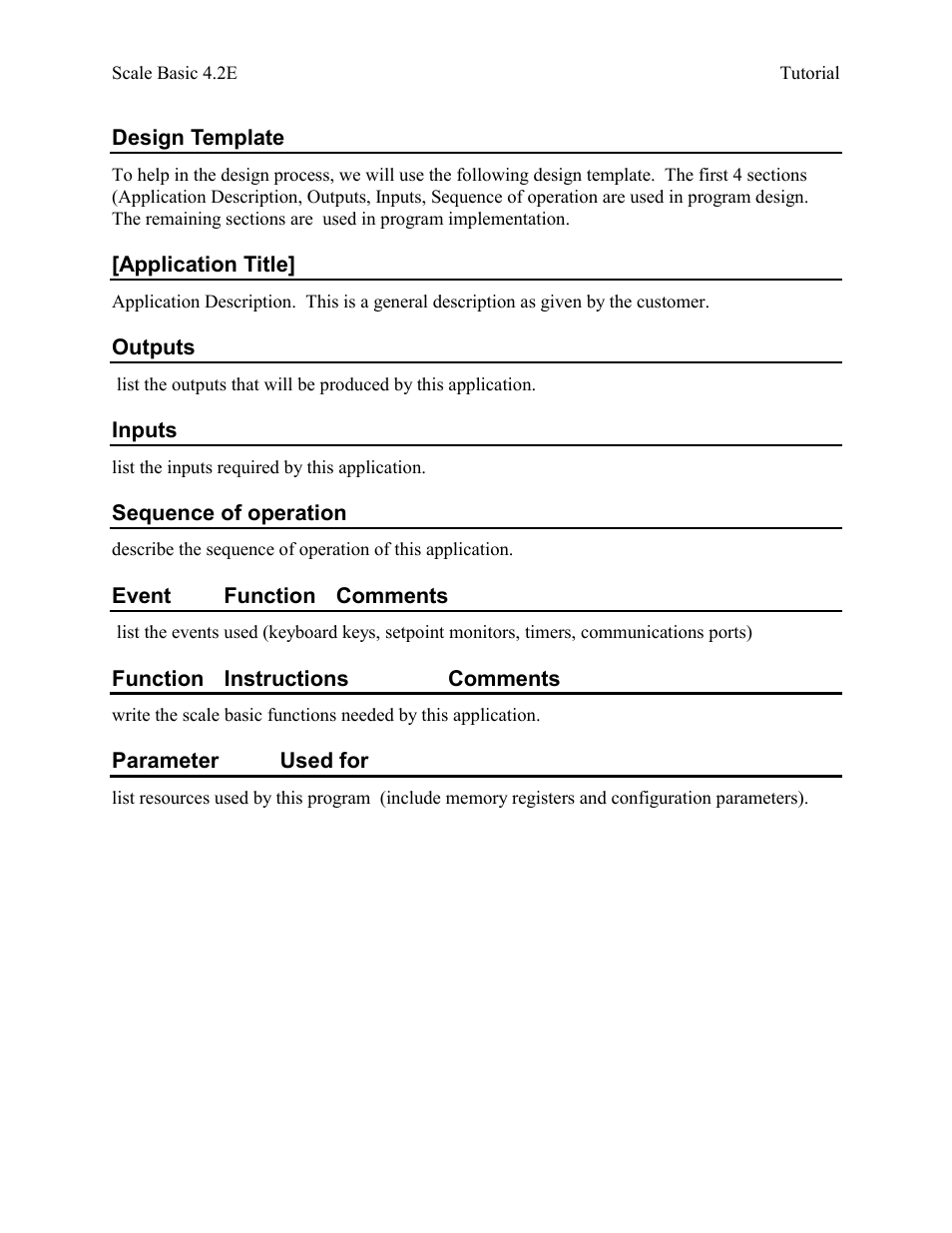 Design template, Application title, Outputs | Inputs, Sequence of operation, Event function comments, Function instructions comments, Parameter used for | Industrial Data Systems IDS Scale Basic User Manual | Page 11 / 53