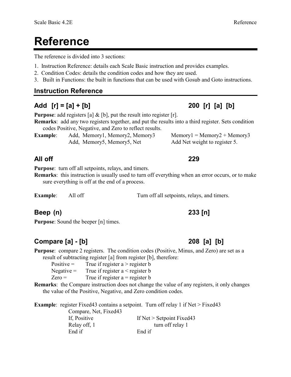 Reference, Instruction reference, Add [r] = [a] + [b] 200 [r] [a] [b | All off 229, Beep (n) 233 [n, Compare [a] - [b] 208 [a] [b | Industrial Data Systems IDS Scale Basic User Manual | Page 21 / 53