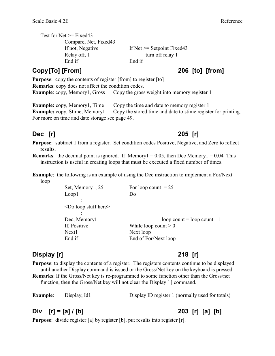 Copy [to] [from] 206 [to] [from, Dec [r] 205 [r, Display [r] 218 [r | Div [r] = [a] / [b] 203 [r] [a] [b | Industrial Data Systems IDS Scale Basic User Manual | Page 22 / 53