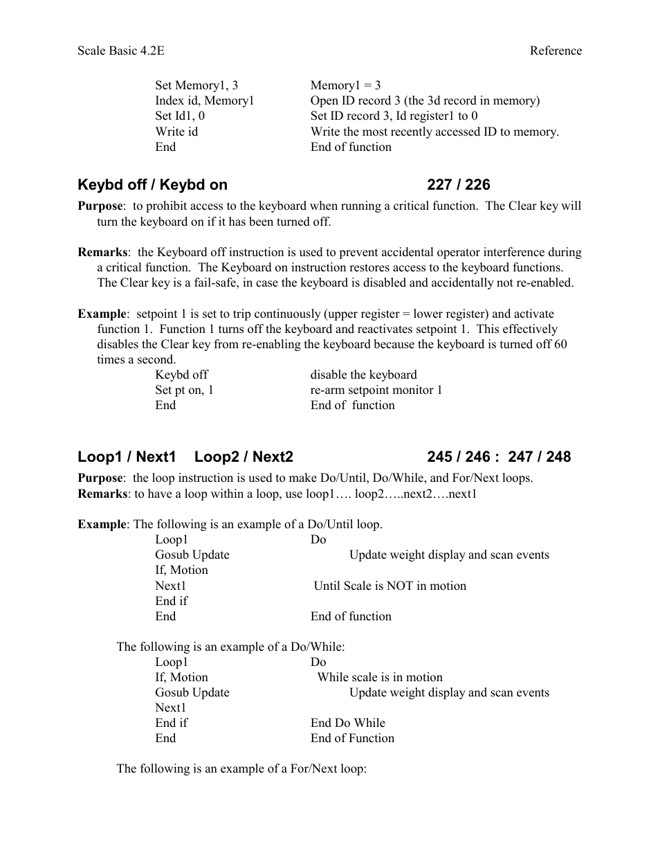 Keybd off / keybd on 227 / 226, Loop1 / next1 loop2 / next2 245 / 246 : 247 / 248 | Industrial Data Systems IDS Scale Basic User Manual | Page 28 / 53
