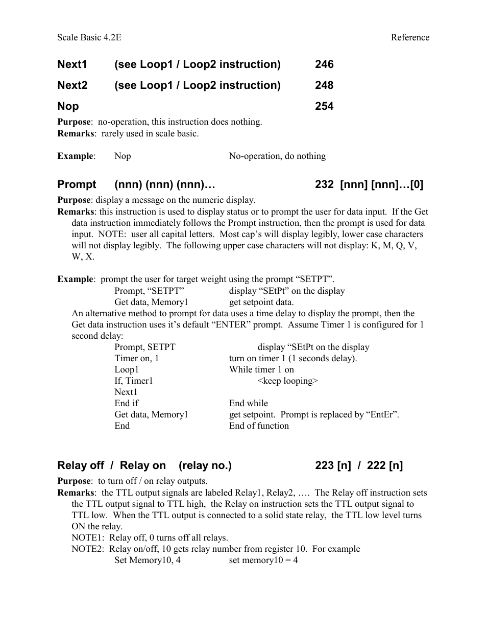 Next1 (see loop1 / loop2 instruction) 246, Next2 (see loop1 / loop2 instruction) 248, Nop 254 | Prompt (nnn) (nnn) (nnn)… 232 [nnn] [nnn]…[0, Relay off / relay on (relay no.) 223 [n] / 222 [n | Industrial Data Systems IDS Scale Basic User Manual | Page 30 / 53