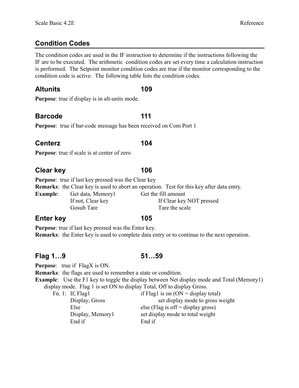 Condition codes, Altunits 109, Barcode 111 | Centerz 104, Clear key 106, Enter key 105, Flag 1…9 51…59 | Industrial Data Systems IDS Scale Basic User Manual | Page 36 / 53