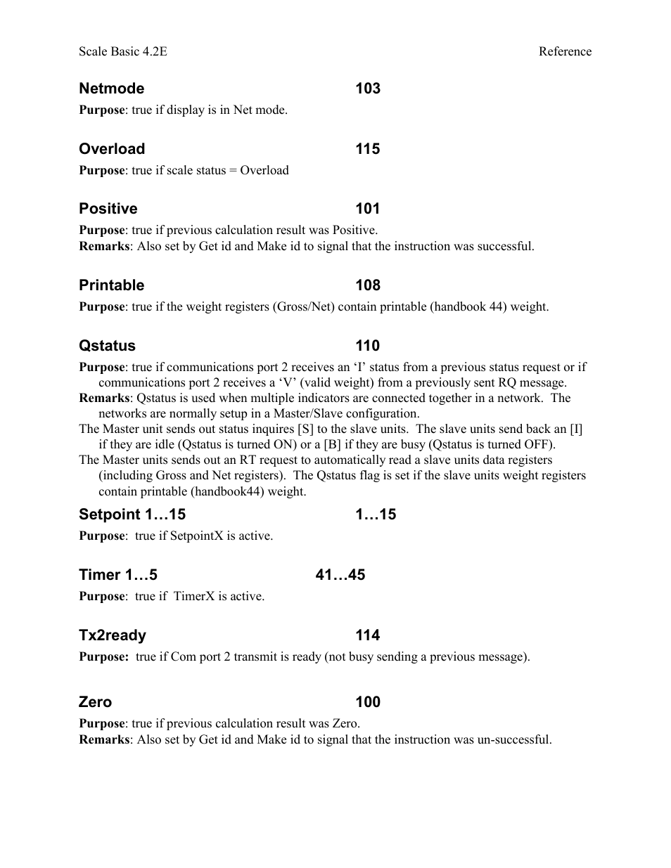 Netmode 103, Overload 115, Positive 101 | Printable 108, Qstatus 110, Setpoint 1…15 1…15, Timer 1…5 41…45, Tx2ready 114, Zero 100 | Industrial Data Systems IDS Scale Basic User Manual | Page 38 / 53