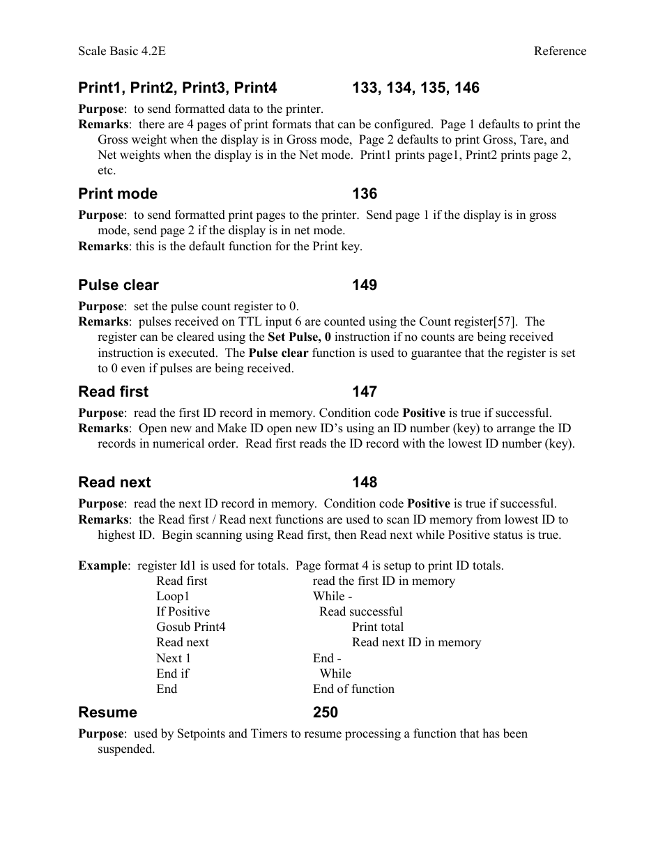 Print1, print2, print3, print4 133, 134, 135, 146, Print mode 136, Pulse clear 149 | Read first 147, Read next 148, Resume 250 | Industrial Data Systems IDS Scale Basic User Manual | Page 40 / 53