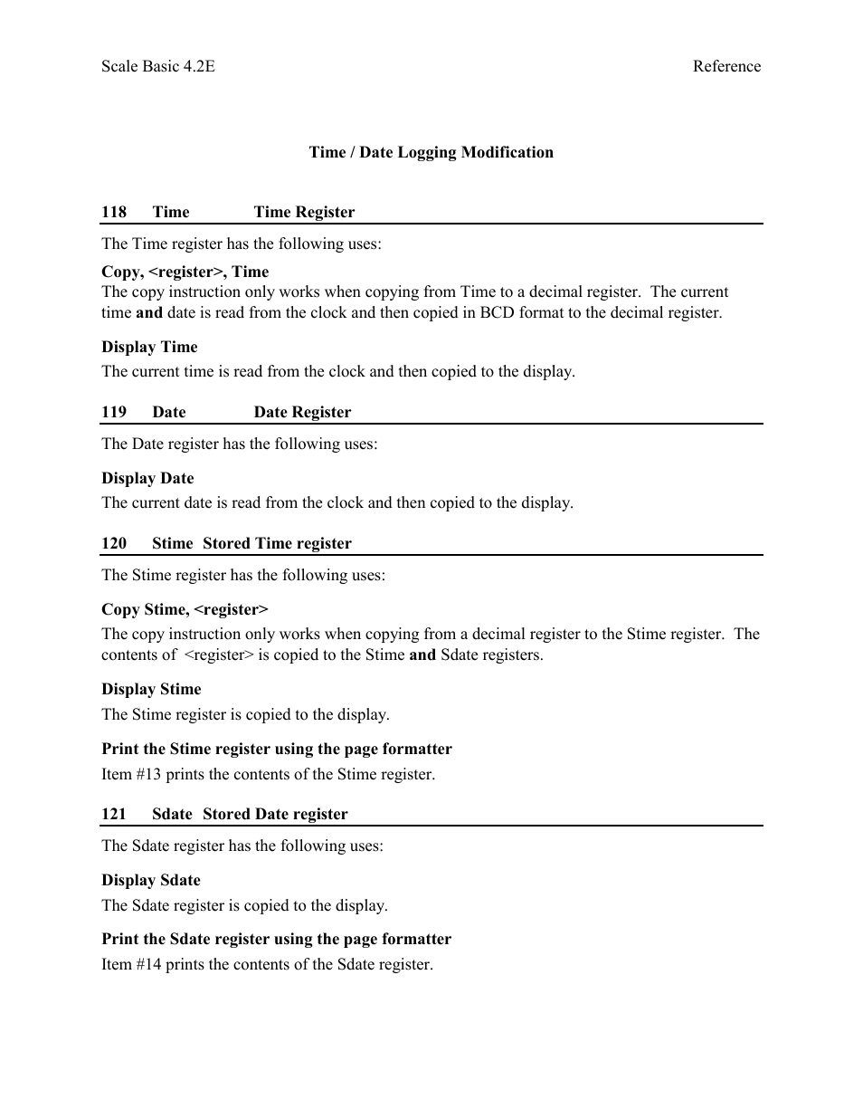 118 time time register, 119 date date register, 120 stime stored time register | 121 sdate stored date register | Industrial Data Systems IDS Scale Basic User Manual | Page 51 / 53