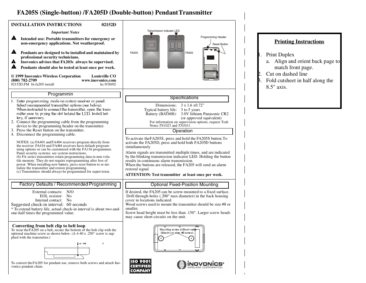 Inovonics FA205S User Manual | 2 pages