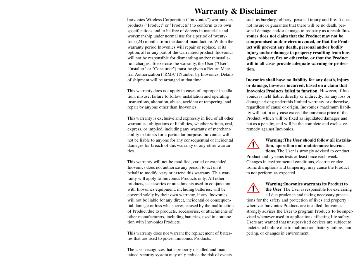 Warranty & disclaimer | Inovonics FA205S User Manual | Page 2 / 2