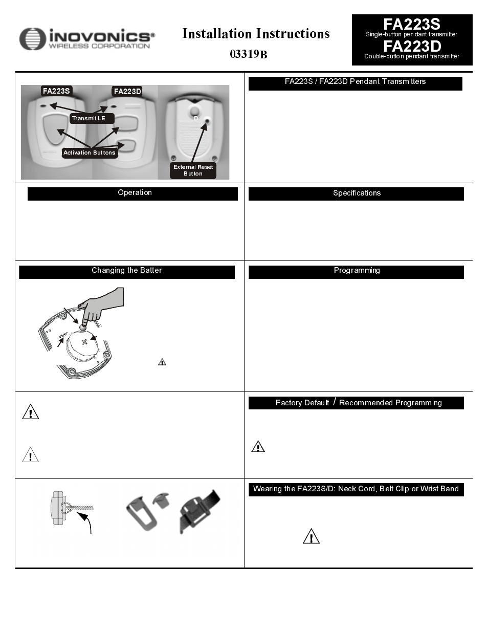 Inovonics FA223S User Manual | 2 pages