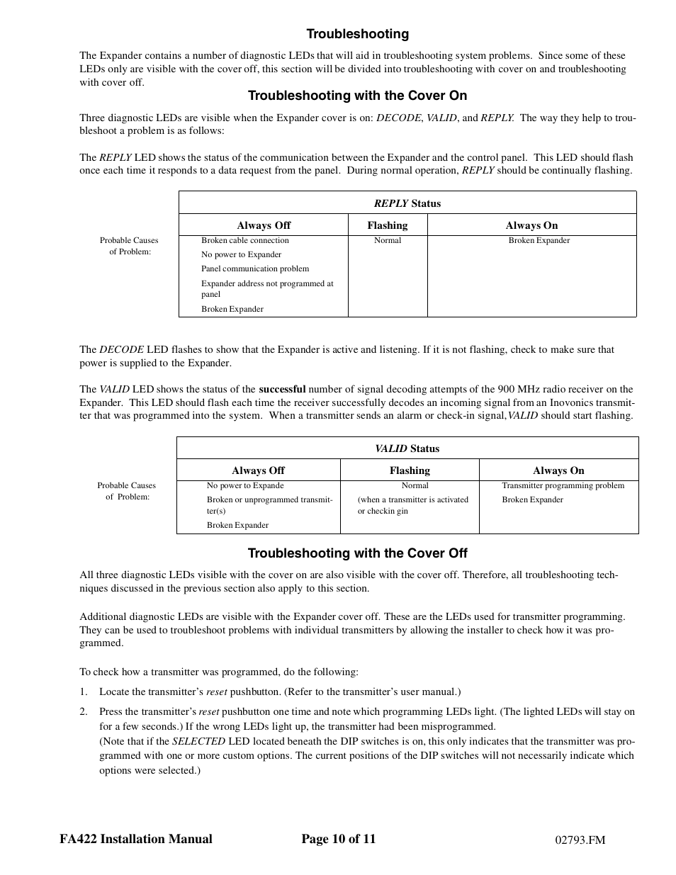 Troubleshooting, Troubleshooting with the cover on, Troubleshooting with the cover off | Inovonics FA422 User Manual | Page 10 / 11