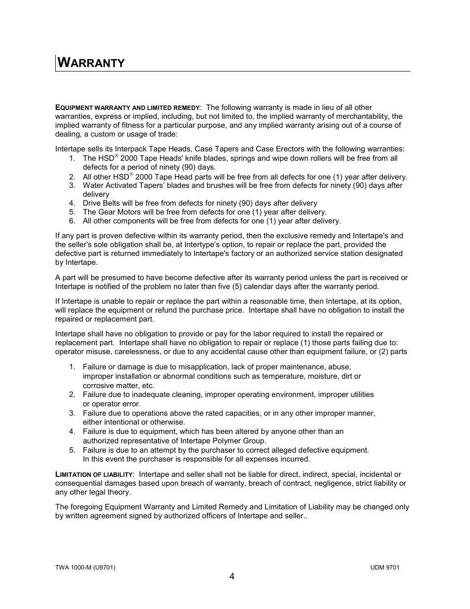 Arranty | Intertape Polymer Group (IPG) TWA 1000-M User Manual | Page 4 / 60
