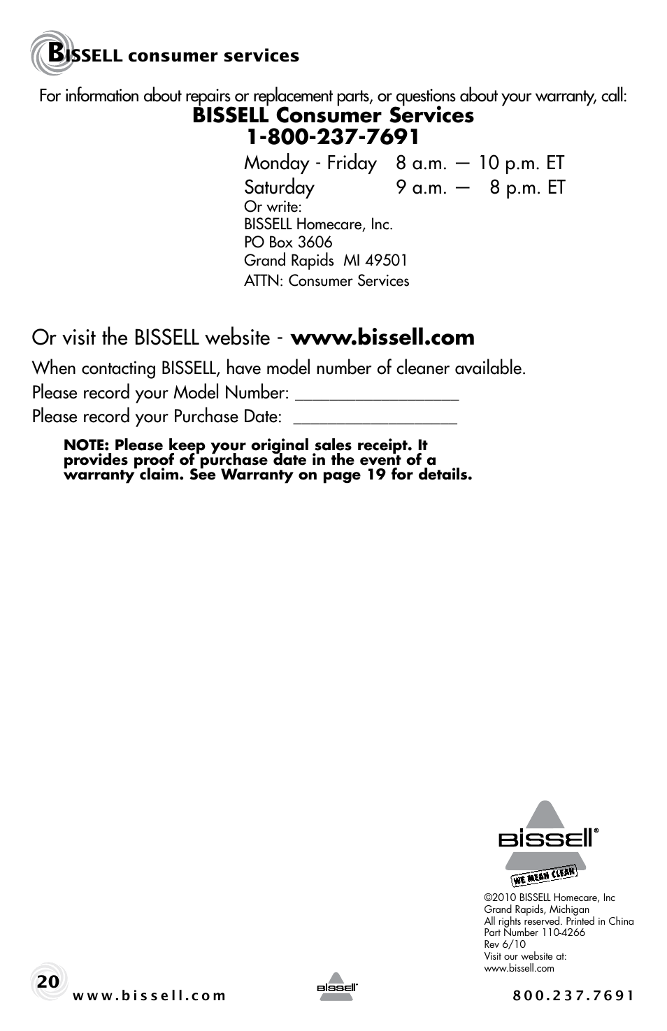 Bissell PET HAIR ERASER 3920 User Manual | Page 20 / 20