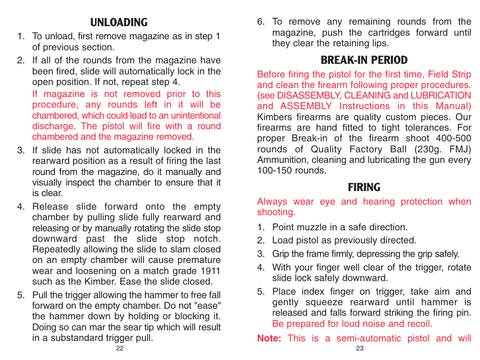 Unloading, Break-in period, Firing | Kimber Full-Size 1911 Pistols User Manual | Page 11 / 18
