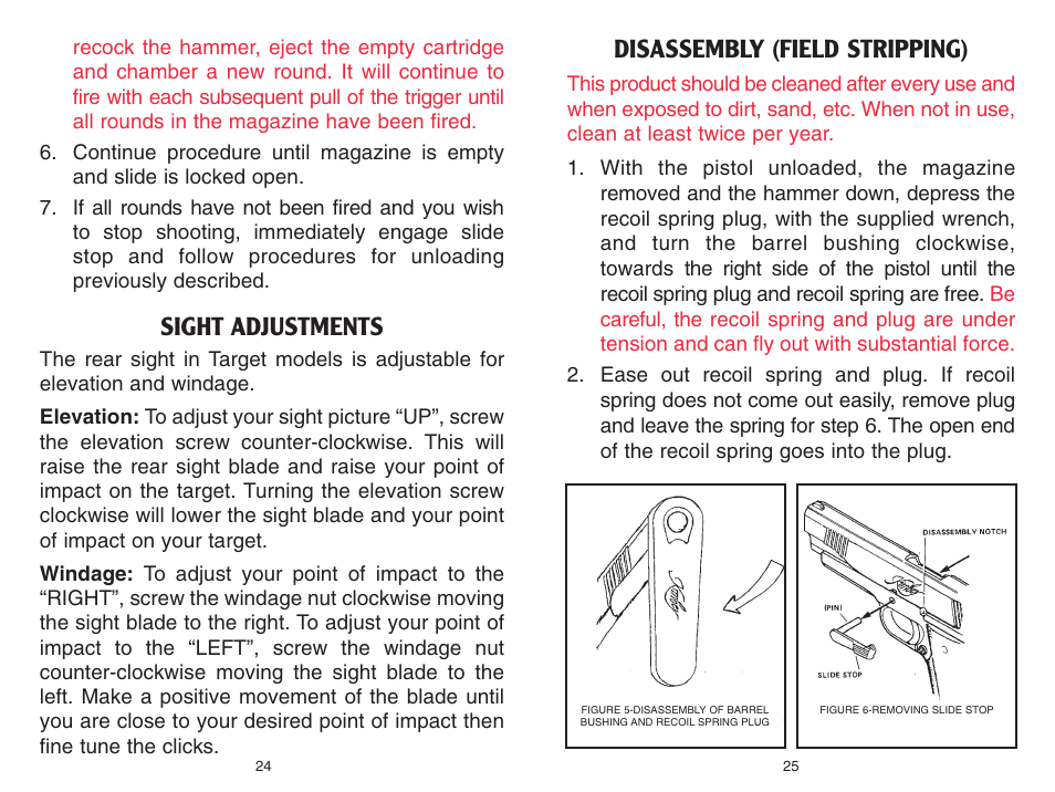 Sight adjustments, Disassembly (field stripping) | Kimber Full-Size 1911 Pistols User Manual | Page 12 / 18