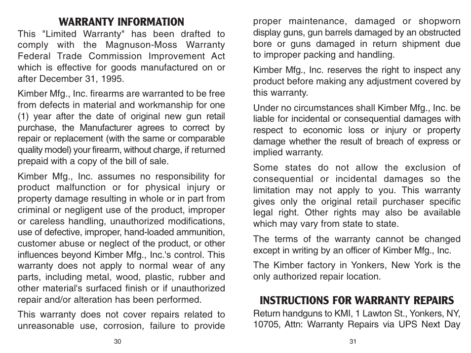 Warranty information, Instructions for warranty repairs | Kimber Full-Size 1911 Pistols User Manual | Page 15 / 18