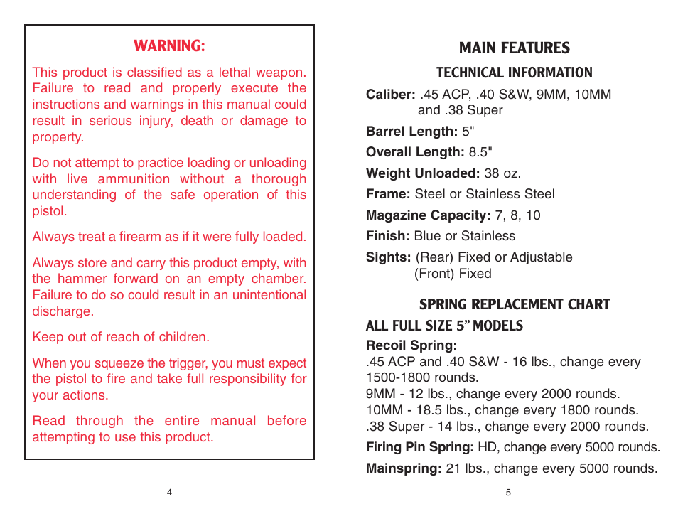 Warning, Main features | Kimber Full-Size 1911 Pistols User Manual | Page 2 / 18