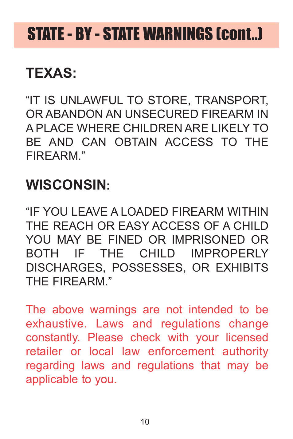 State - by - state warnings (cont..), Texas, Wisconsin | Kimber Solo User Manual | Page 10 / 48