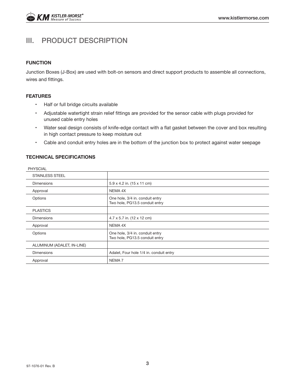 Iii. product description | Kistler-Morse KM Junction Box User Manual | Page 7 / 16