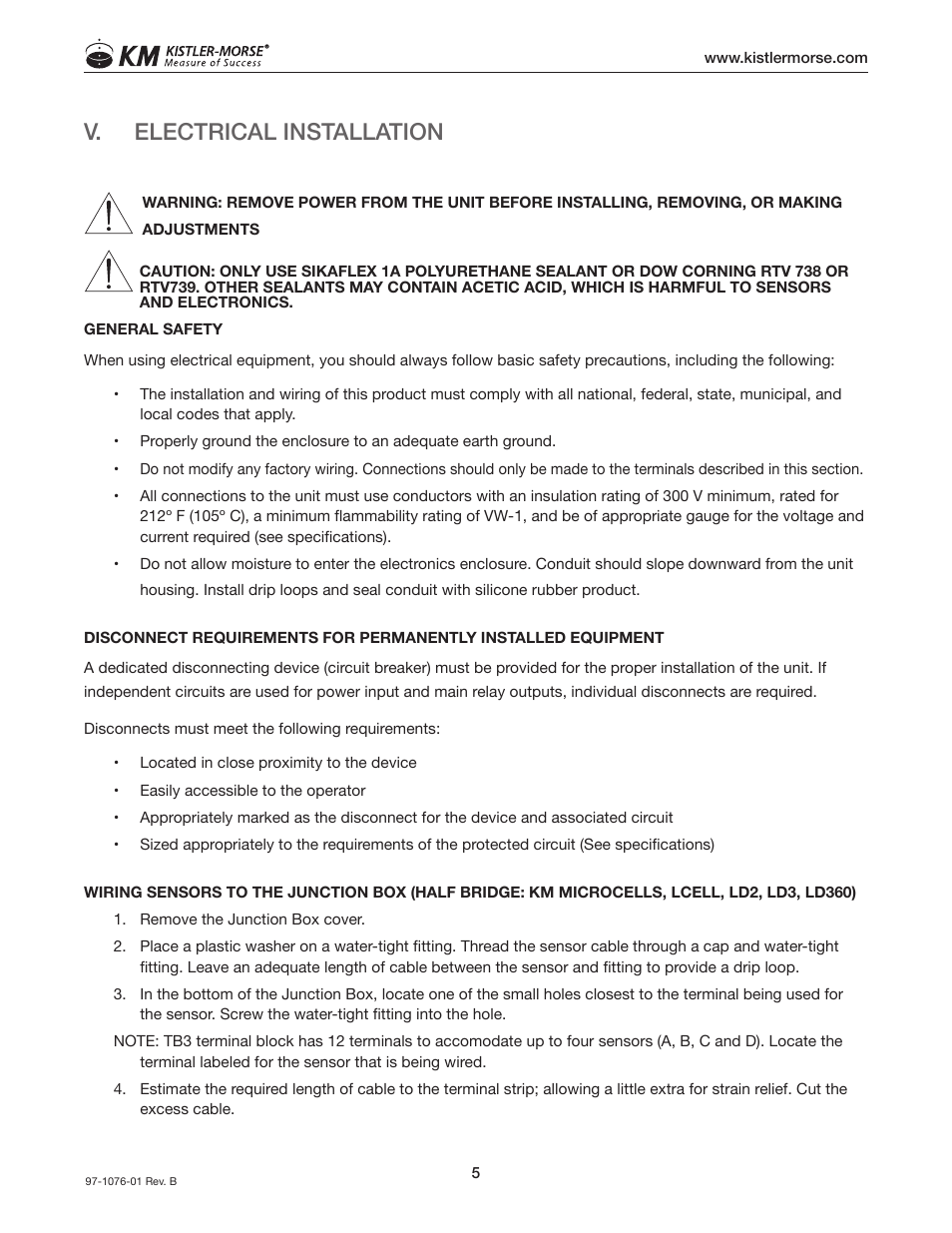 V. electrical installation | Kistler-Morse KM Junction Box User Manual | Page 9 / 16