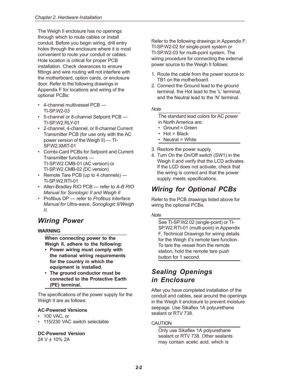 Wiring power, Wiring for optional pcbs, Sealing openings in enclosure | Kistler-Morse KM Weigh II User Manual | Page 10 / 120