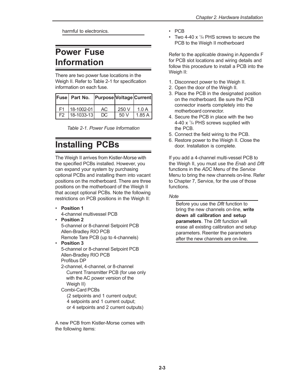 Power fuse information, Installing pcbs | Kistler-Morse KM Weigh II User Manual | Page 11 / 120